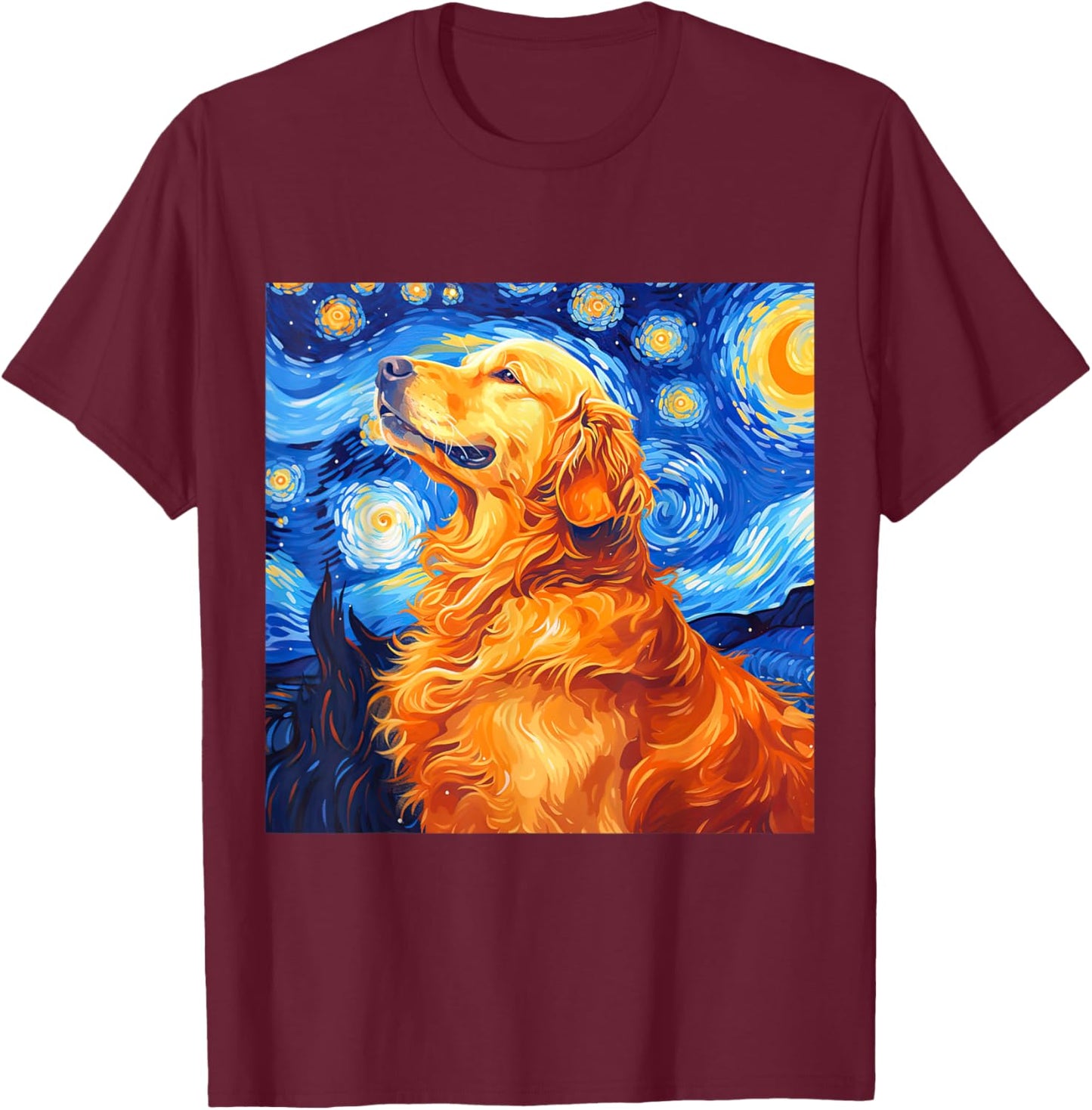 Golden Retriever Dog Starry Night Vincent Van Gogh Painting Women Kids T-Shirt - T-Shirt | Maroon