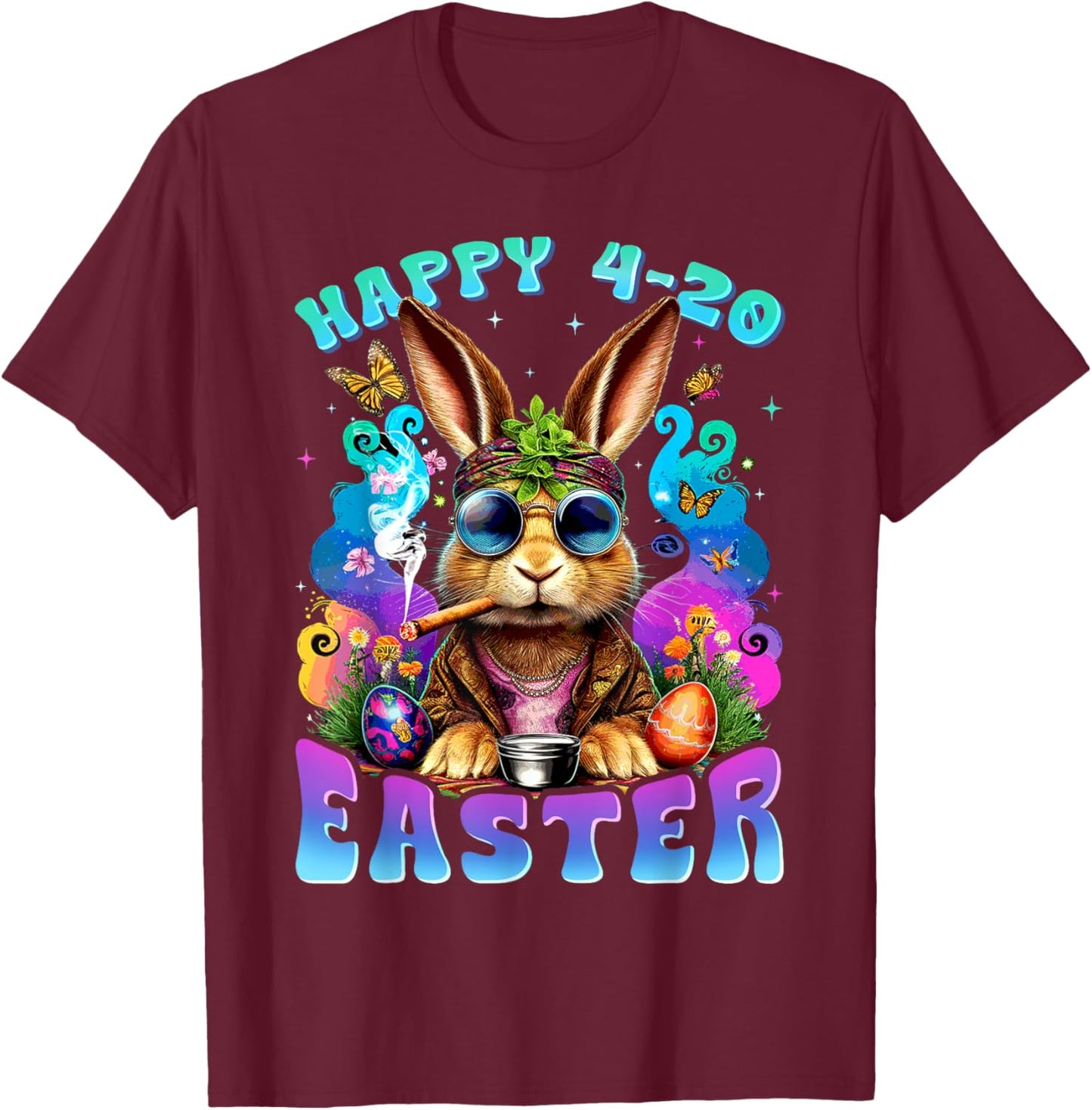 Happy 420 Easter Funny Smoking Easter Bunny Men Women T-Shirt - T-Shirt | Maroon