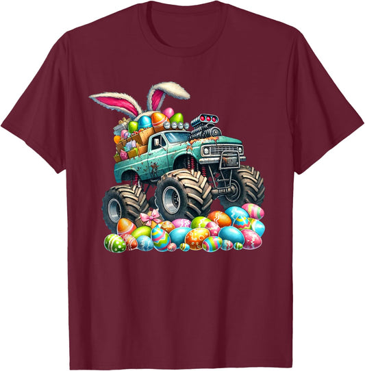 Boys Happy Easter Monster Truck Easter Eggs Hunt Toddler Kid T-Shirt - T-Shirt | Maroon