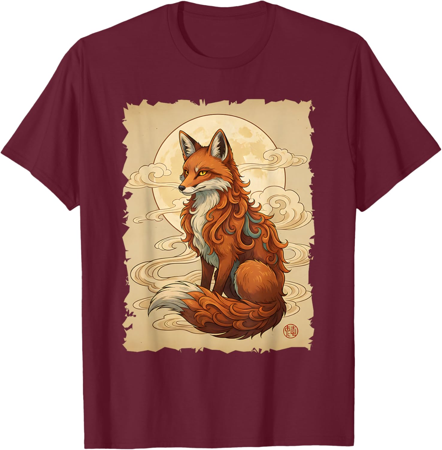 Fox Japanese Art Kitsune Style Kawaii Anime Traditional Fox T-Shirt - T-Shirt | Maroon
