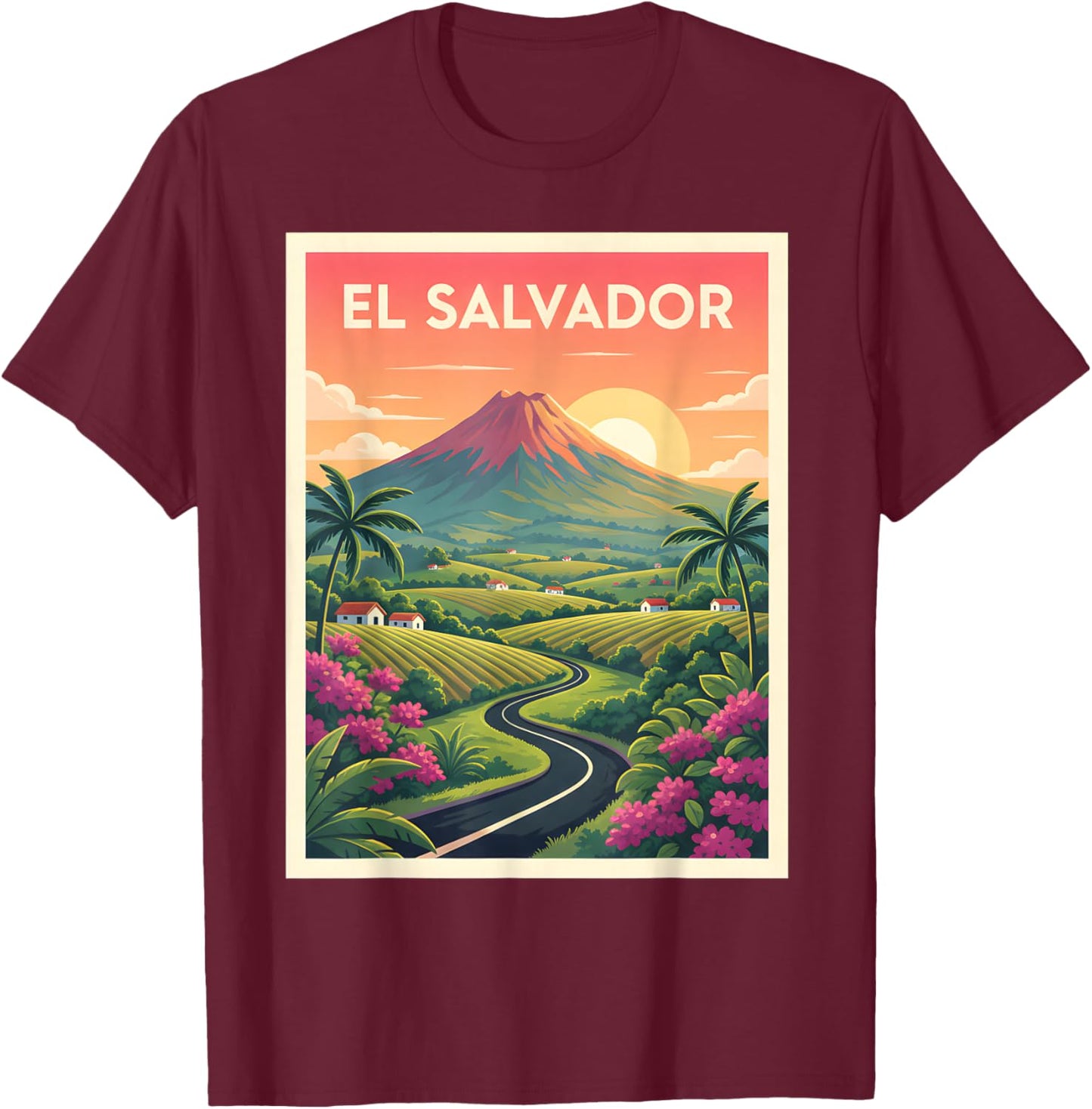 El Salvador Vintage Travel Poster Volcano Road T-Shirt - T-Shirt | Maroon