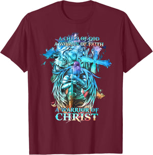A Child Of God A Woman Of Faith A Warrior Of Christ - Lion T-Shirt - T-Shirt | Maroon