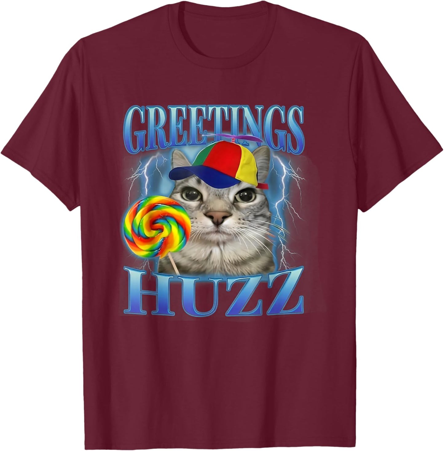 Greetings Huzz Silly Cat with Propeller Hat T-Shirt - T-Shirt | Maroon