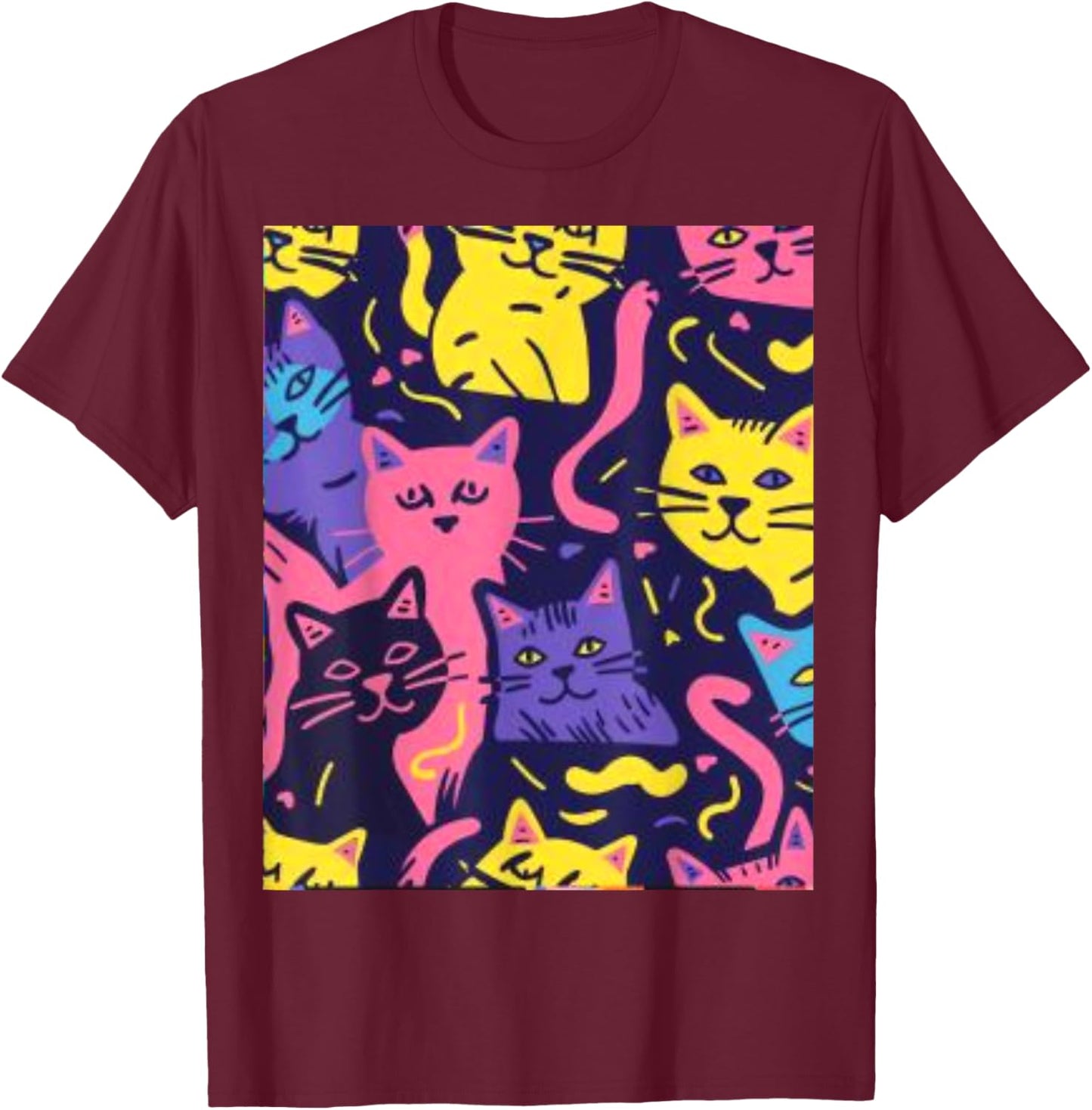 80's Neon Cat Pattern Women T-Shirt - T-Shirt | Maroon