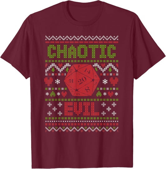Funny RPG Gamer Ugly Christmas Sweater D20 Chaotic Evil T-Shirt - T-Shirt | Maroon