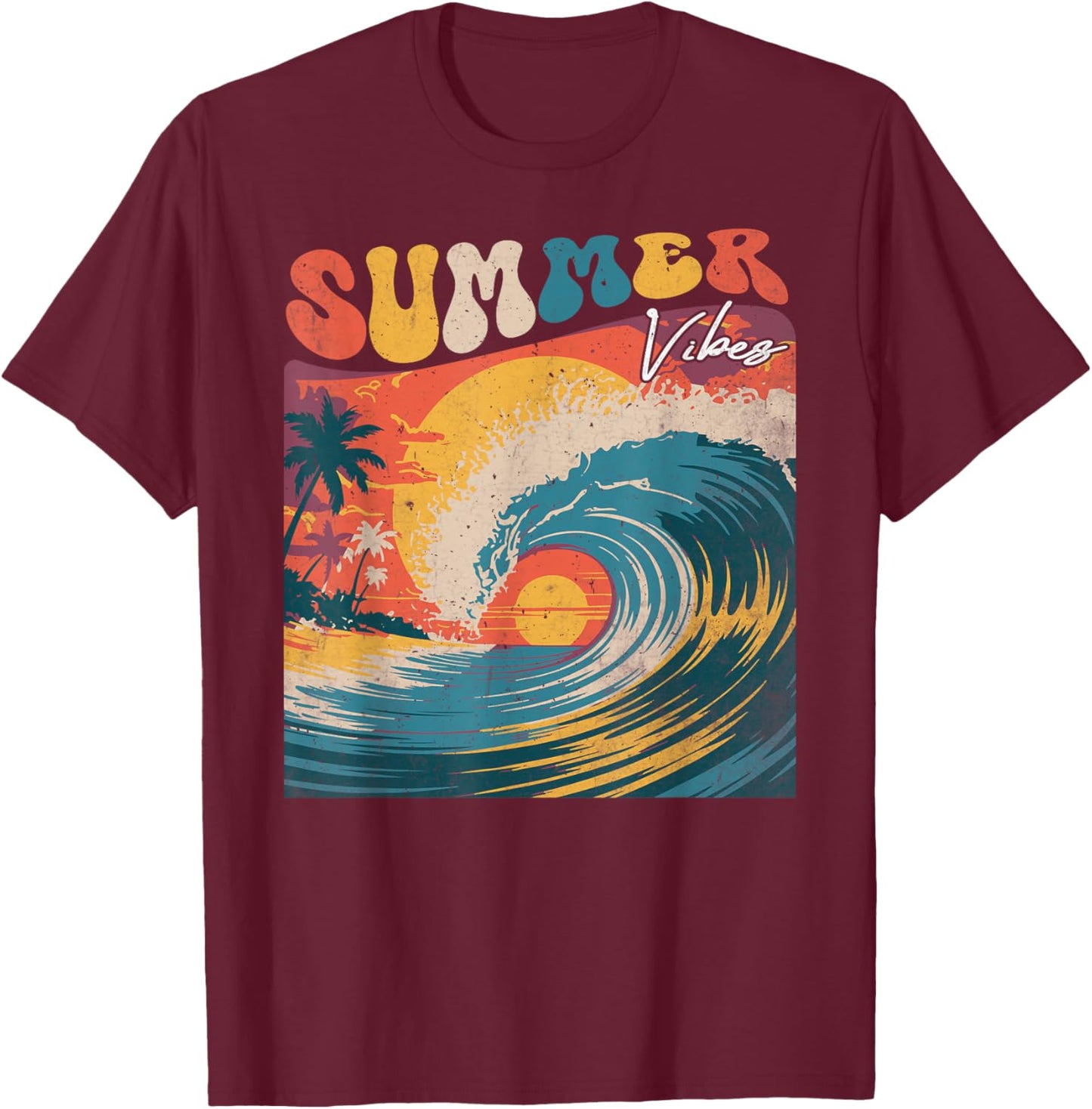 Hello Summer Vibes Groovy Hawaiian Surf Island Wavy Hawaii T-Shirt - T-Shirt | Maroon