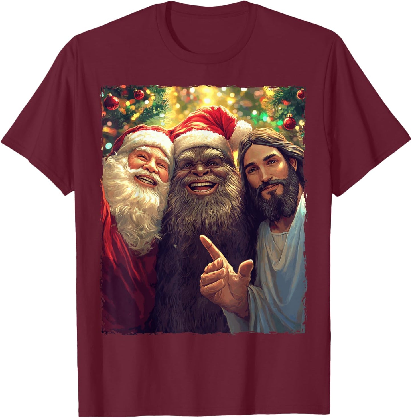 Funny Bigfoot Sasquatch Selfie Santa Jesus Xmas Christmas T-Shirt - T-Shirt | Maroon