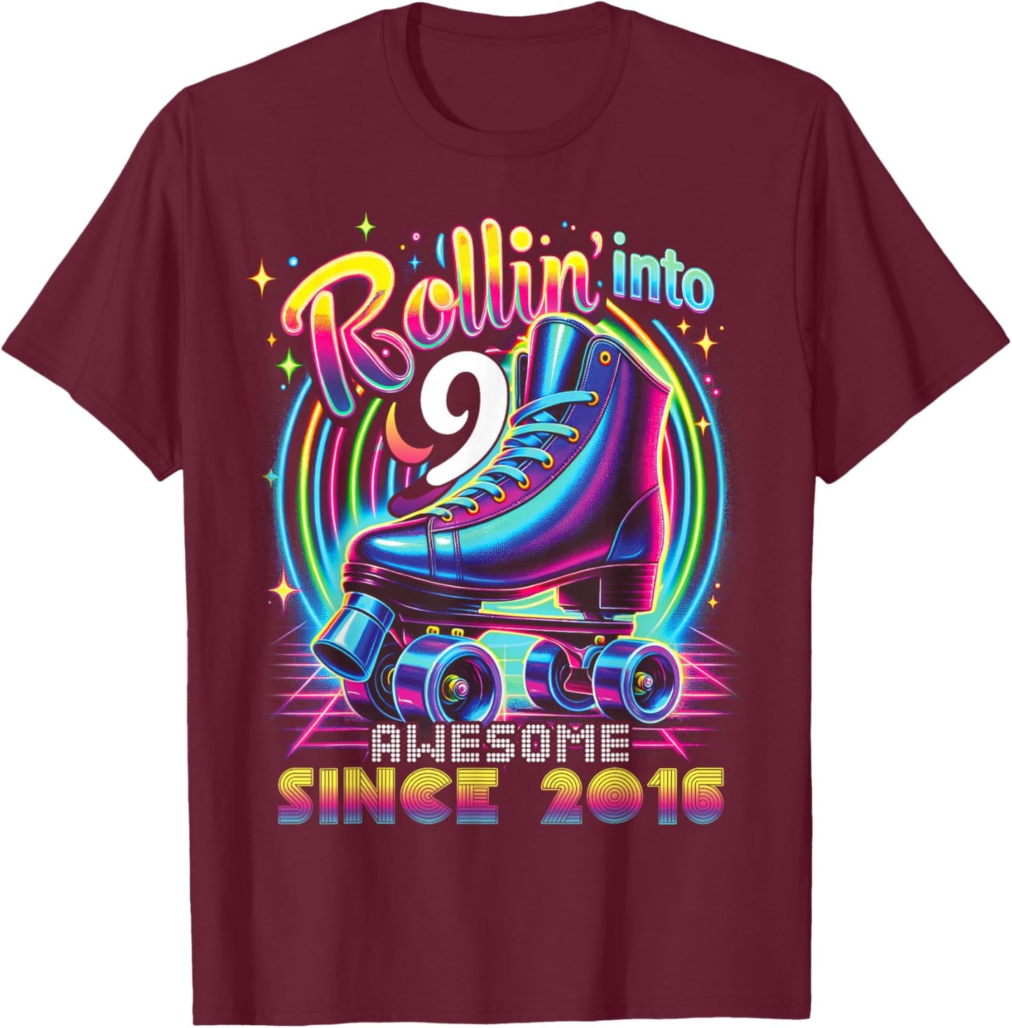 Birthday Roller Skating 9th Girls Rollin into 9 Skate Party T-Shirt - T-Shirt | Maroon