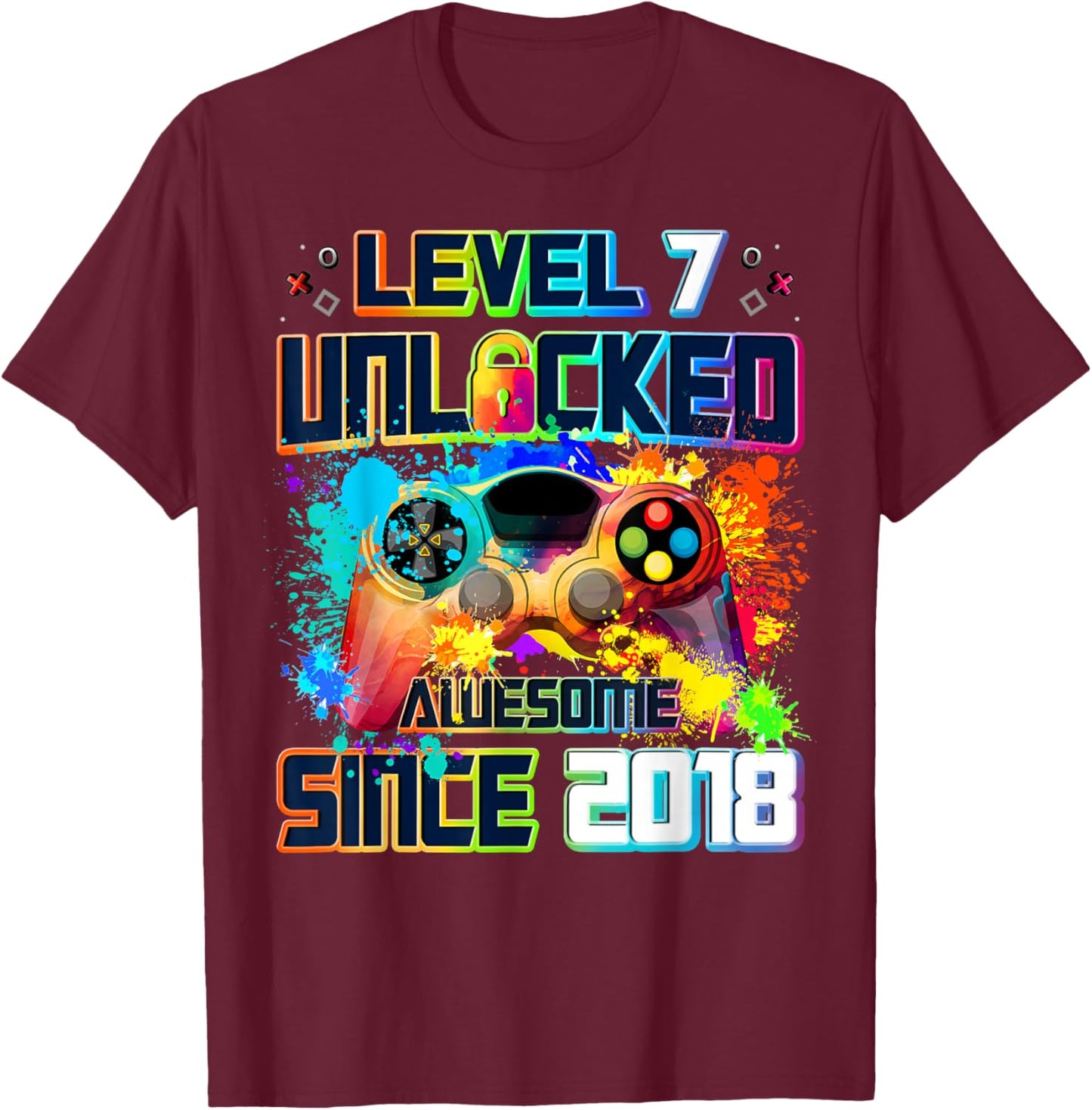 Level 7 Unlocked 7 Year Old Video Gamer 7th Birthday Gift T-Shirt - T-Shirt | Maroon