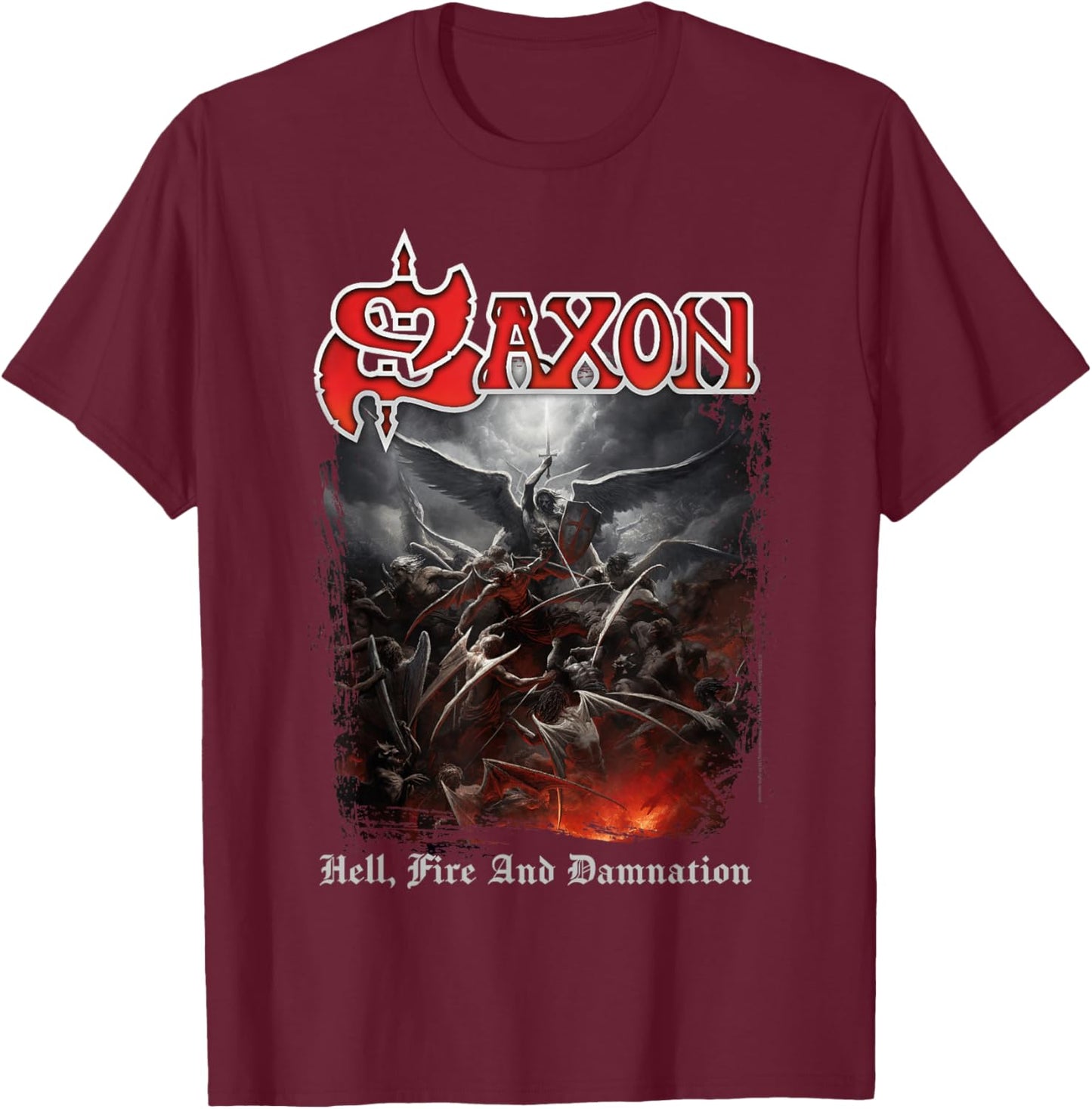 Official Saxon Hell Fire Heavy Metal Band T-Shirt - T-Shirt | Maroon