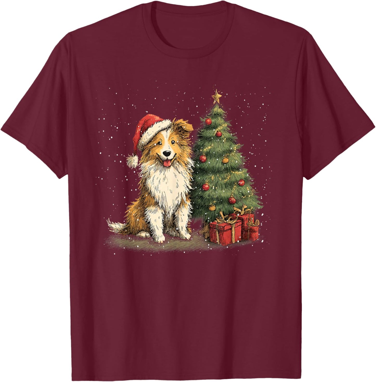 Funny Shetland Sheepdog Christmas Tree Dog Lights Xmas T-Shirt - T-Shirt | Maroon