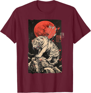 Japanese Tiger Warrior Art – Sumi-e Style Ink Illustration T-Shirt - T-Shirt | Maroon