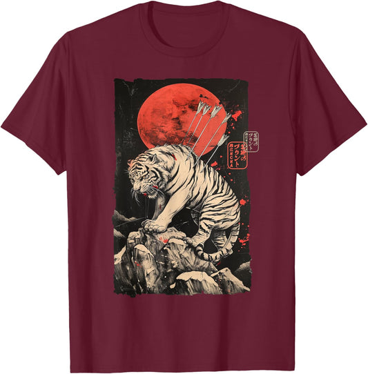 Japanese Tiger Warrior Art – Sumi-e Style Ink Illustration T-Shirt - T-Shirt | Maroon