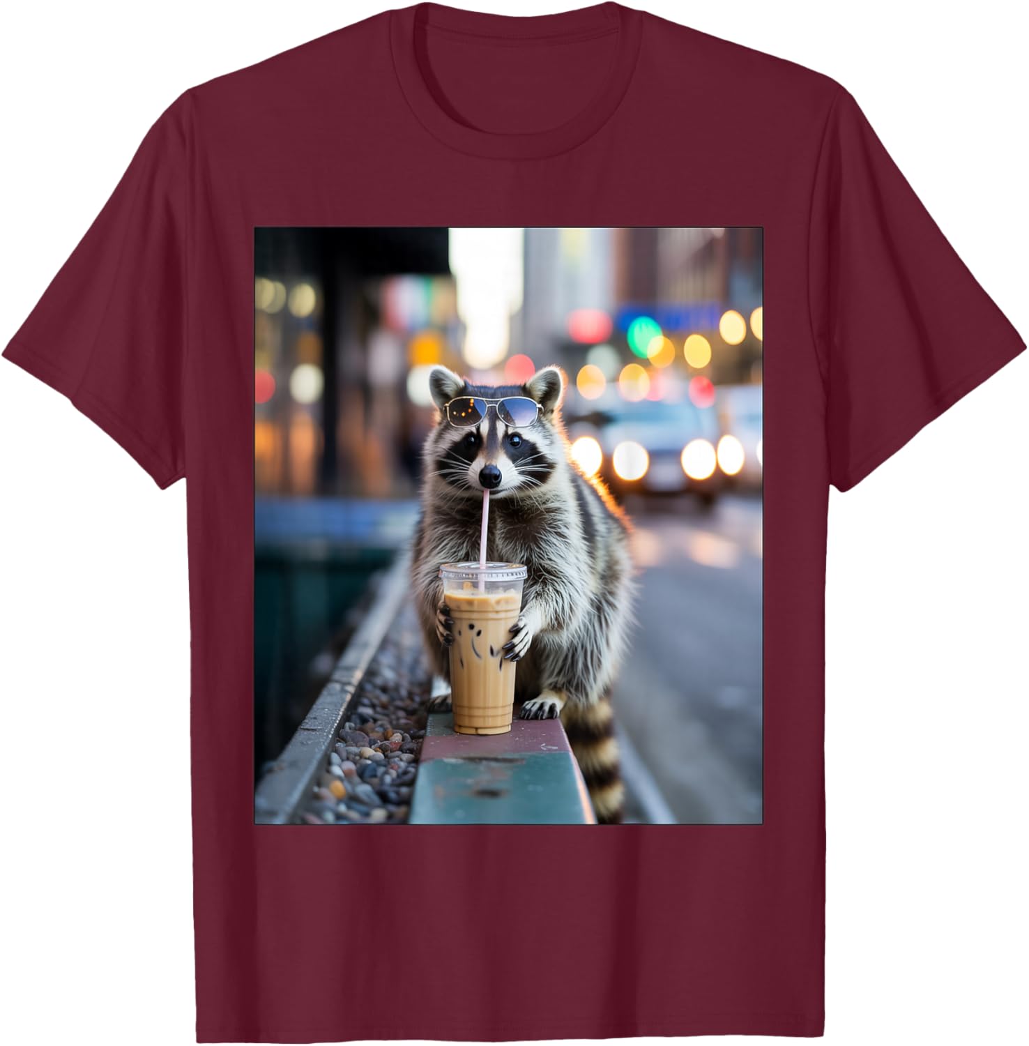 Raccoon Drinking Iced Coffee Funny Animal Men Women T-Shirt - T-Shirt | Maroon