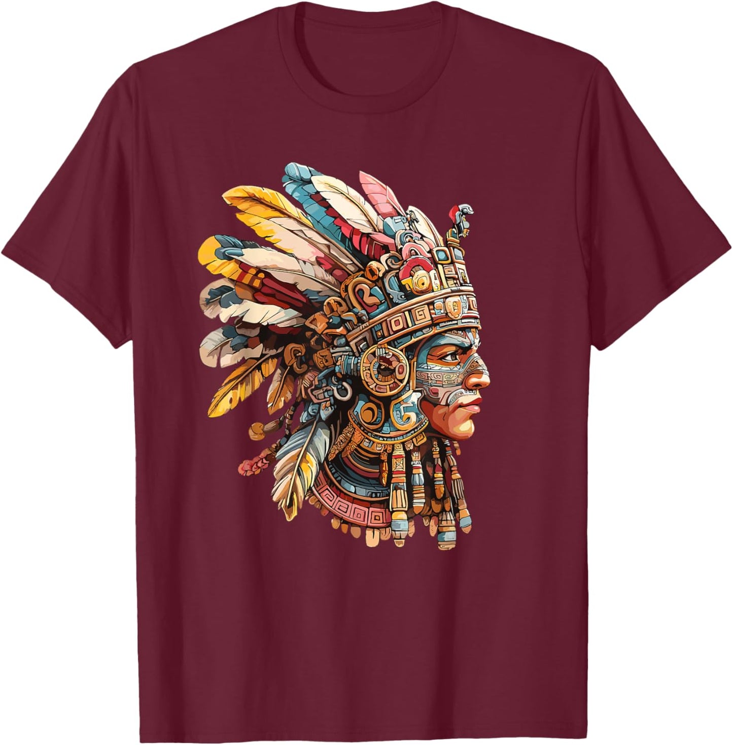 Vibrant Aztec Warrior Tribal Headgear T-Shirt - T-Shirt | Maroon