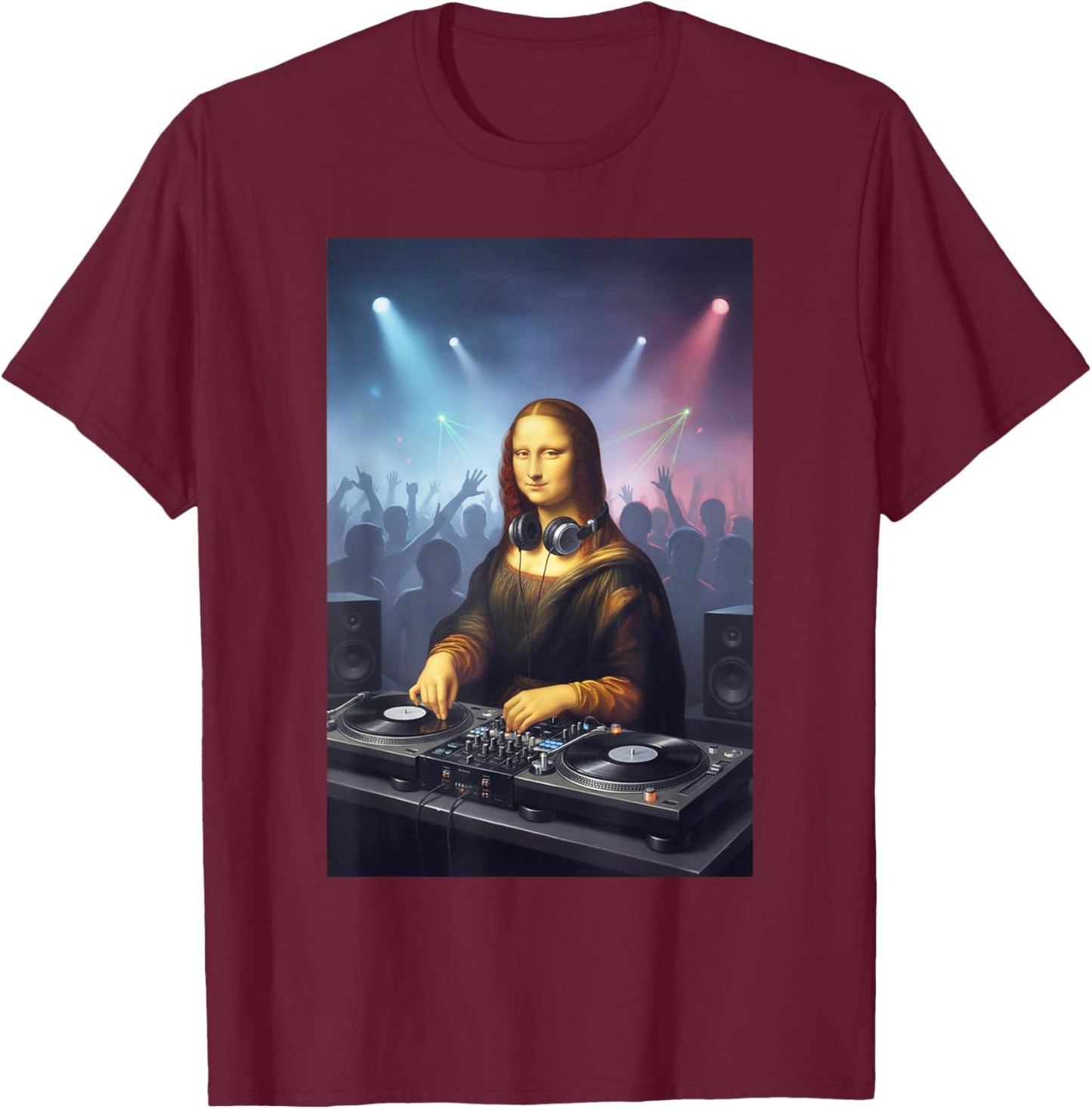 Funny Parody Mona Lisa DJ Party Crowd Art Design T-Shirt - T-Shirt | Maroon