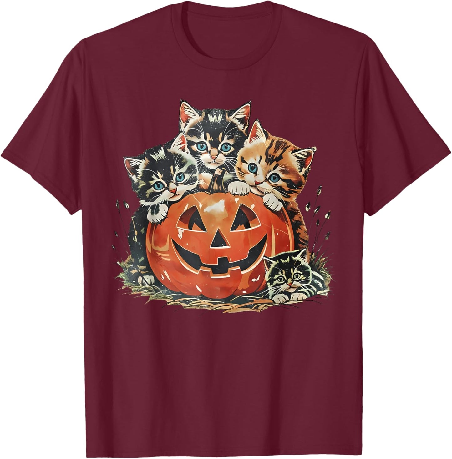 Vintage 90s Cat Pumpkin Halloween Retro Floral Spooky Season T-Shirt - T-Shirt | Maroon
