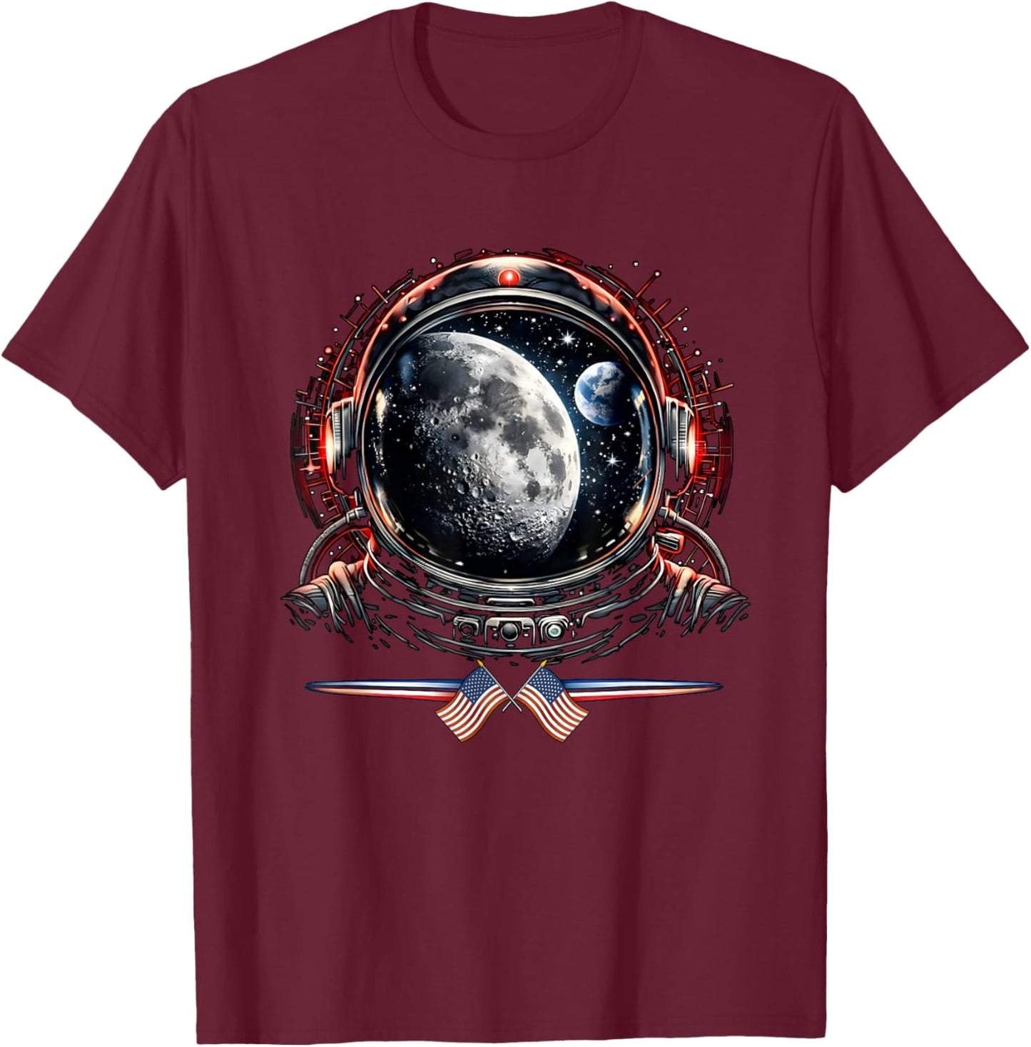 Cool Astronaut with Reflections of Earth and Moon T-Shirt - T-Shirt | Maroon