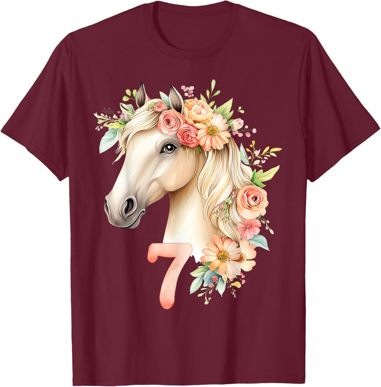 7th Birthday Horse Girl 7 Years Outfit Horse Birthday T-Shirt - T-Shirt | Maroon