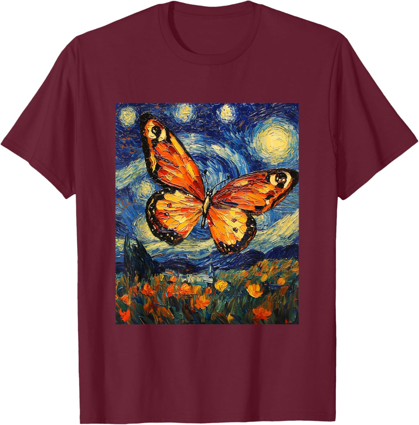 Butterfly Van Gogh Style Starry Night Cute Graphic T-Shirt - T-Shirt | Maroon
