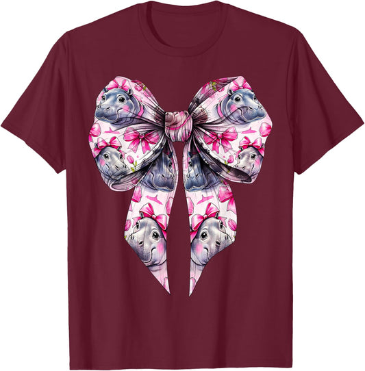 Coquette Bow Hippo Hippopotamus Blushing Pattern Girl Mom T-Shirt - T-Shirt | Maroon