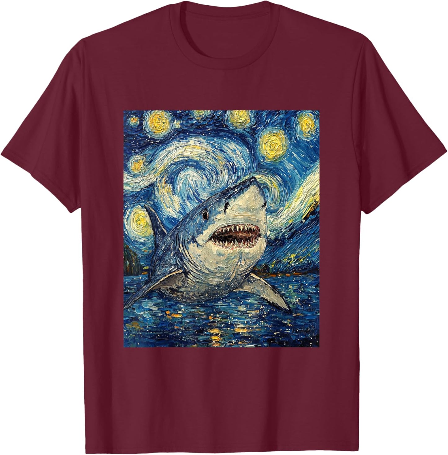 Funny Shark - Van Gogh Style - Starry Night T-Shirt - T-Shirt | Maroon