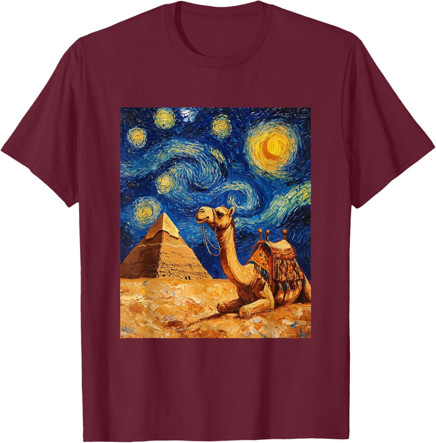 Camel Pyramid Egyptian Egypt - Van Gogh Style - Starry Night T-Shirt - T-Shirt | Maroon