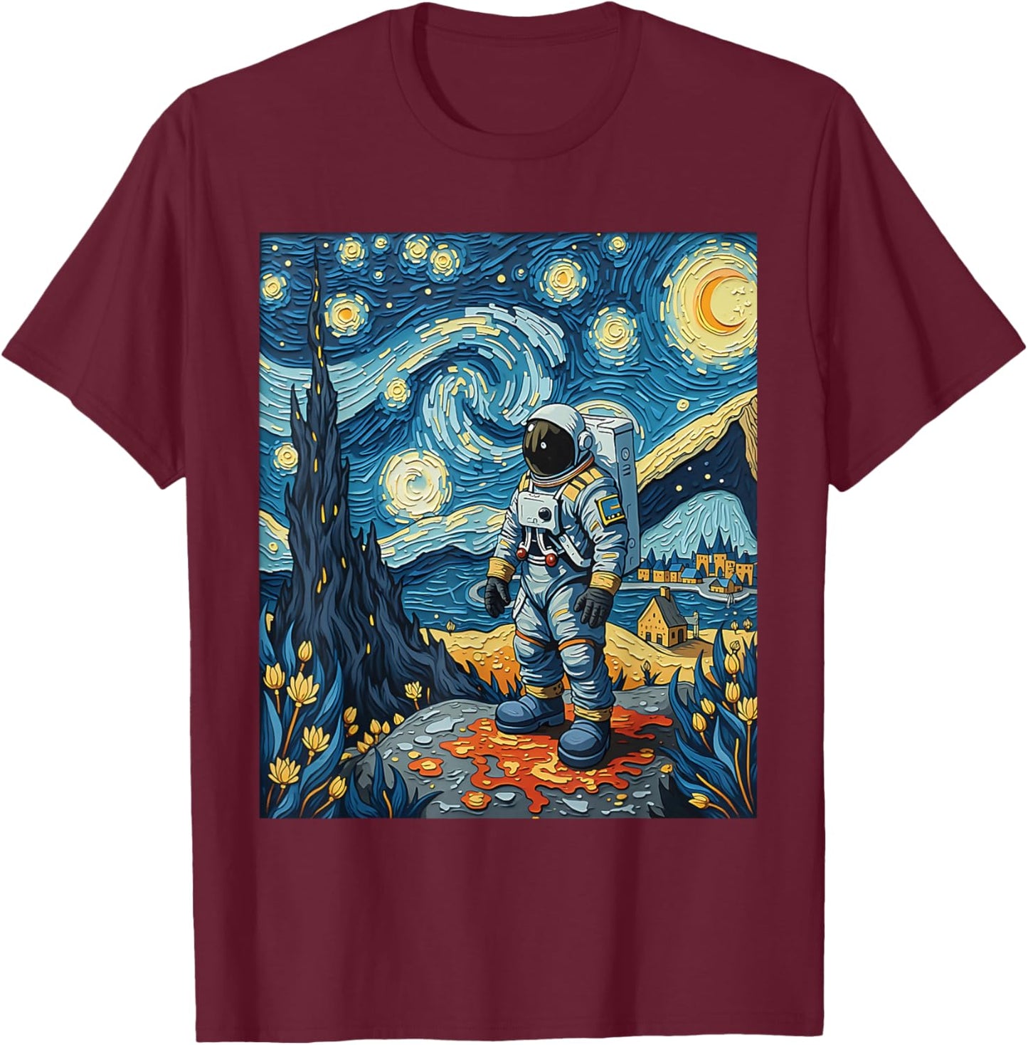 Van Gogh Inspired Cosmic Space Explorer Astronaut Dreamer T-Shirt - T-Shirt | Maroon