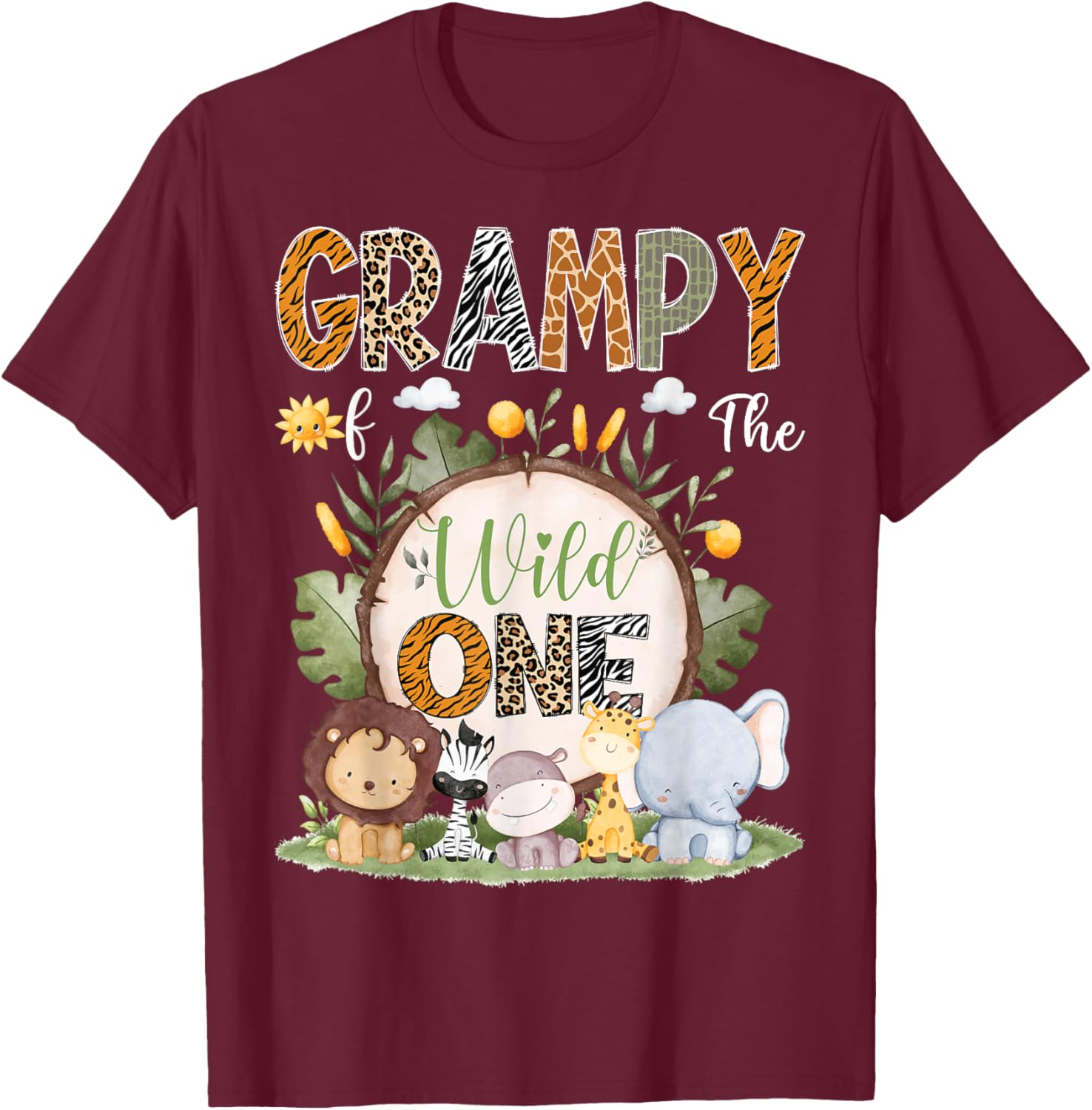 Grampy Of The Wild One 1St Birthday Kids Safari Woodland T-Shirt - T-Shirt | Maroon