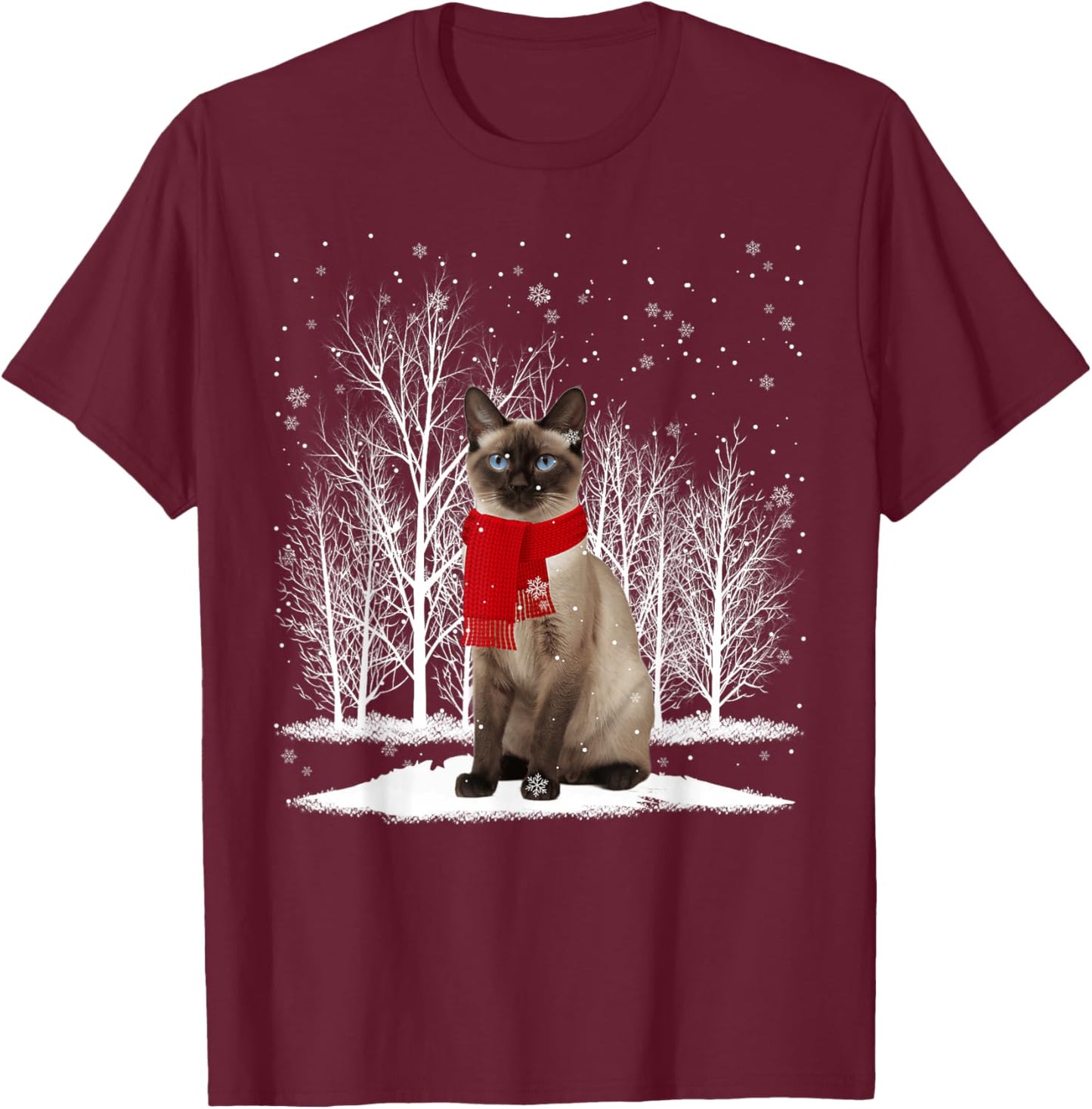 Funny Siamese Cat Wearing Ugly Christmas Sweater Scarf Xmas T-Shirt - T-Shirt | Maroon