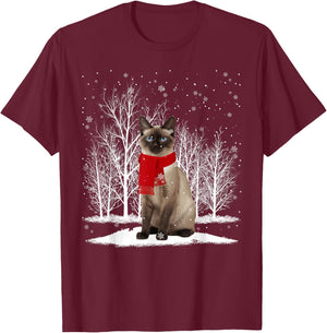Funny Siamese Cat Wearing Ugly Christmas Sweater Scarf Xmas T-Shirt - T-Shirt | Maroon