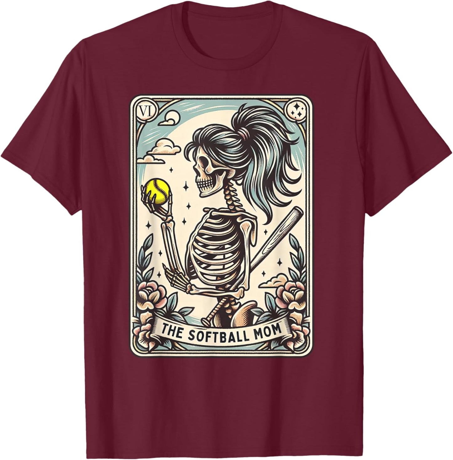 Softball Mom Tarot Card Skeleton Softball Mama Mothers Day T-Shirt - T-Shirt | Maroon