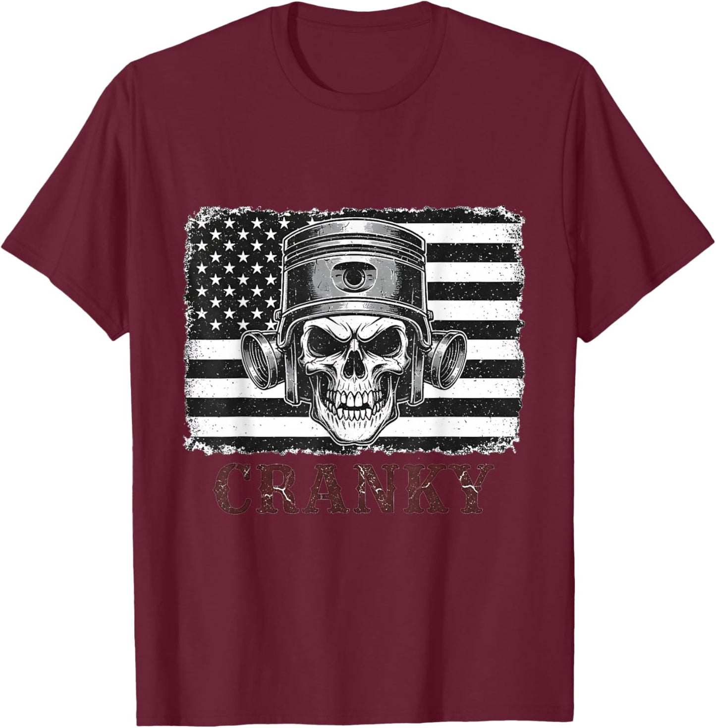 Cranky Car Engine Crankshaft Skull Mechanics USA Flag T-Shirt - T-Shirt | Maroon