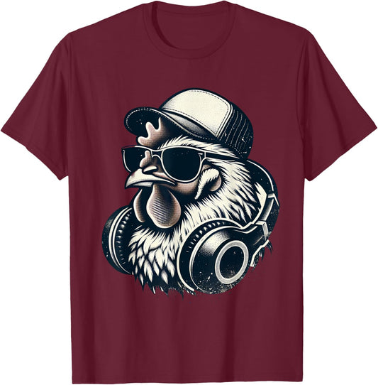 Music Chicken with Headphones Cool Rooster T-Shirt - T-Shirt | Maroon