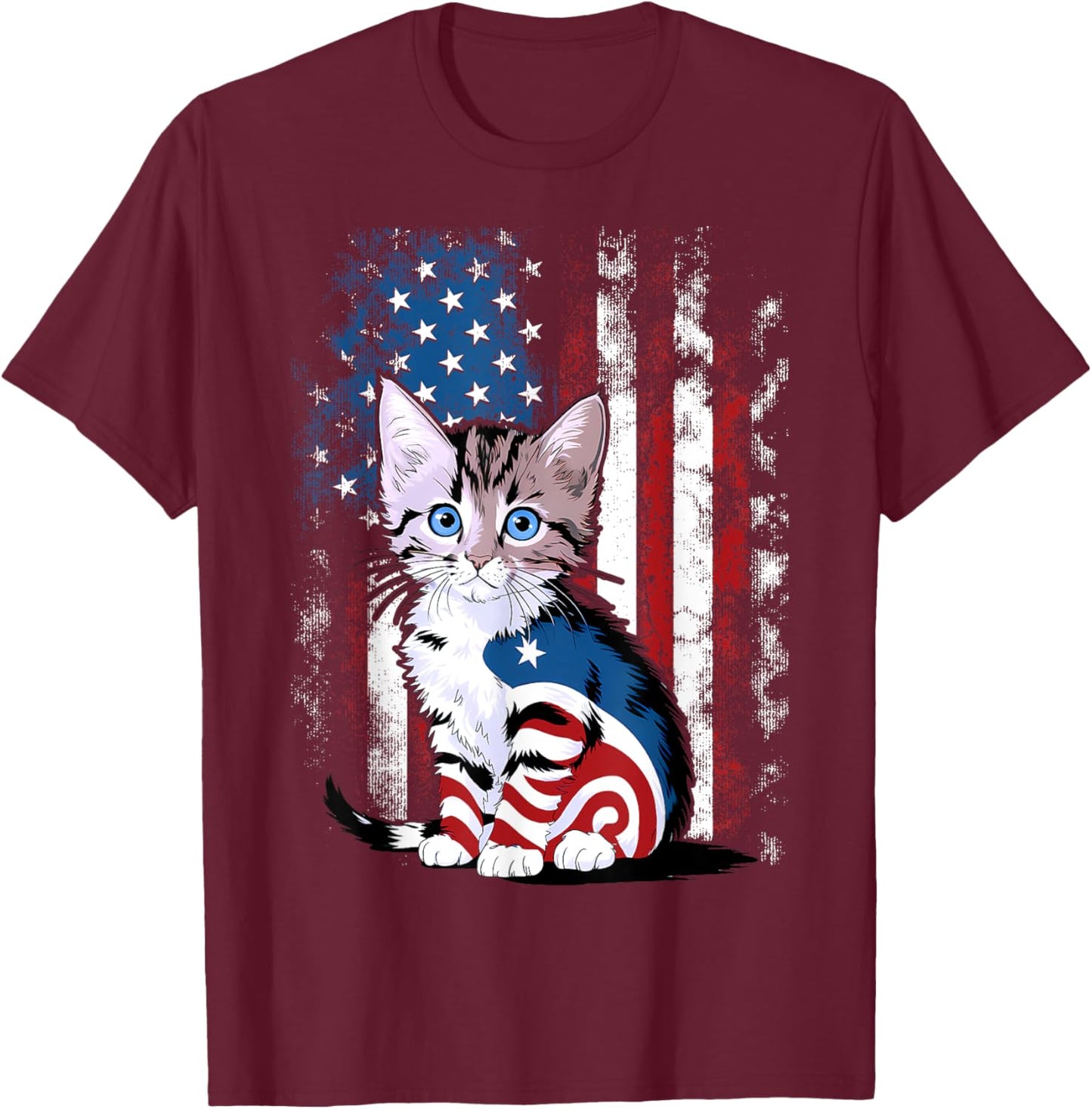 Memorial Day Cat Funny Kitten 4th of July Patriotic Usa Flag T-Shirt - T-Shirt | Maroon