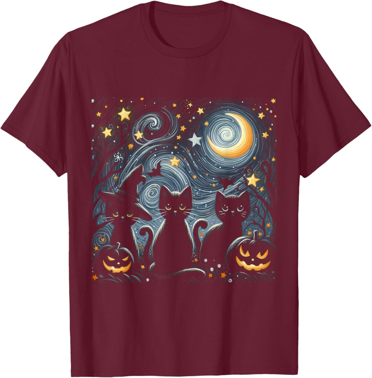 Van Gogh Halloween Starry Night with Black Cat and Pumpkins T-Shirt - T-Shirt | Maroon