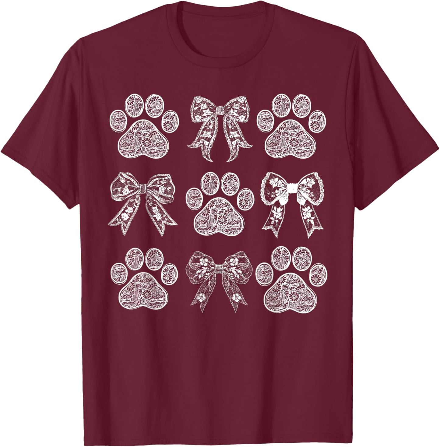 Lace Dog Coquette Bow Dog Paw Print Cat Dog Mom Mother's Day T-Shirt - T-Shirt | Maroon