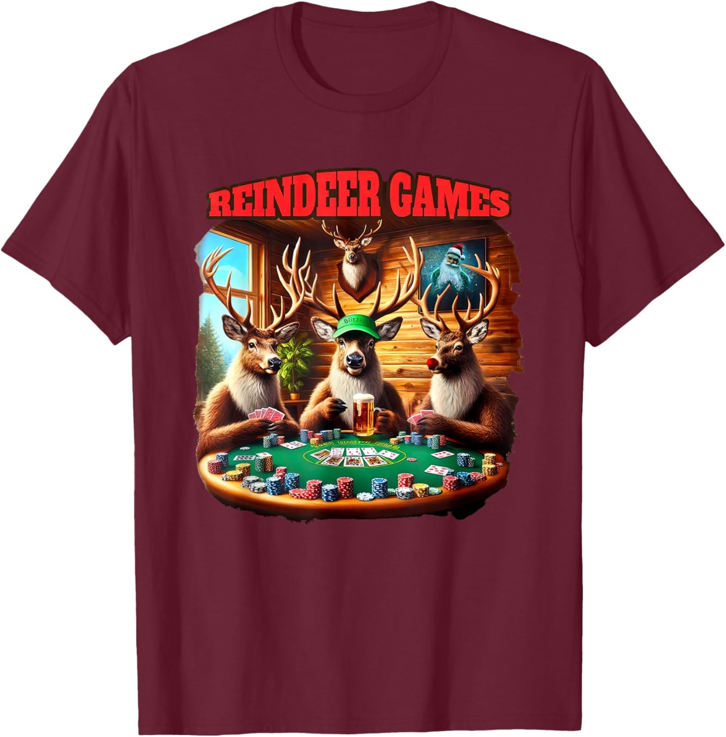 Funny Deer Playing Poker Christmas Reindeer Matching Game T-Shirt - T-Shirt | Maroon