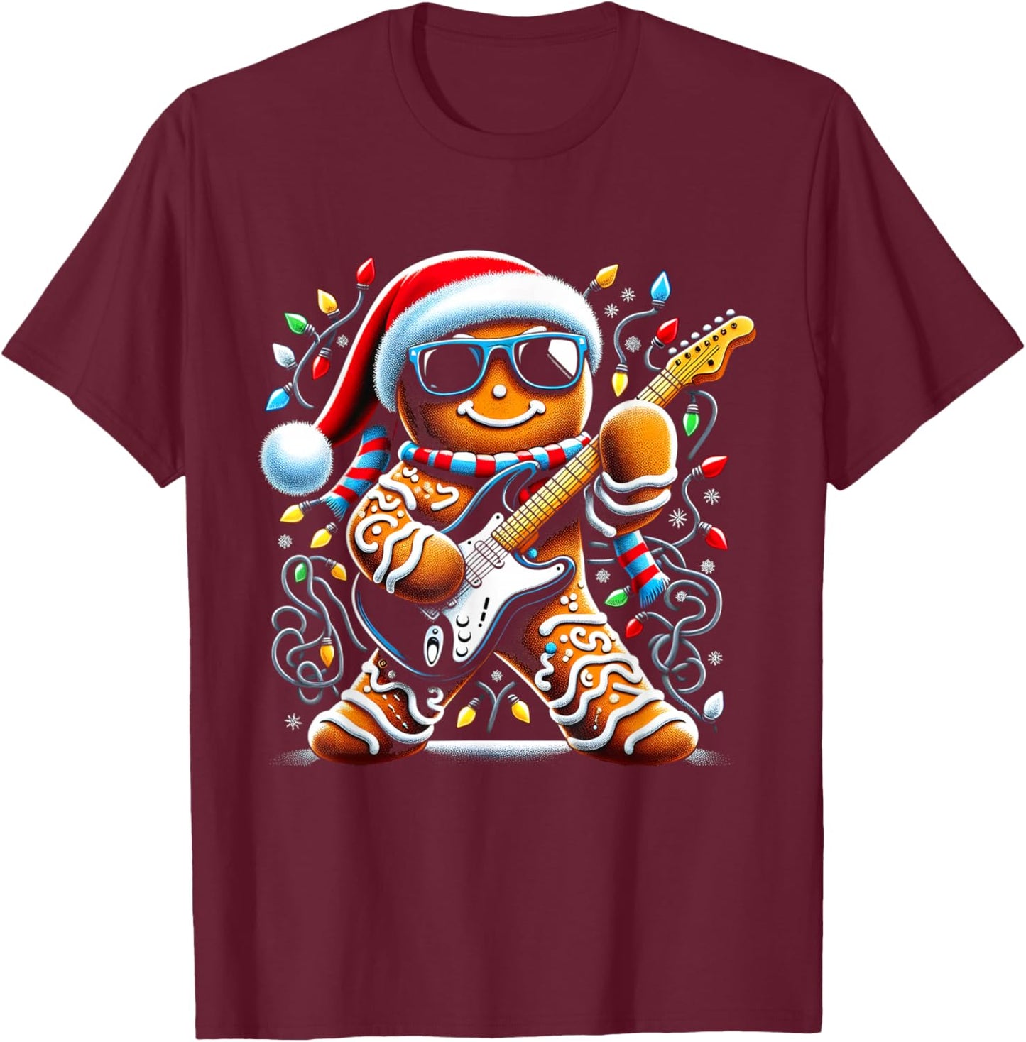 Rock Guitar Gingerbread Playing Guitar -Funny Christmas Xmas T-Shirt - T-Shirt | Maroon