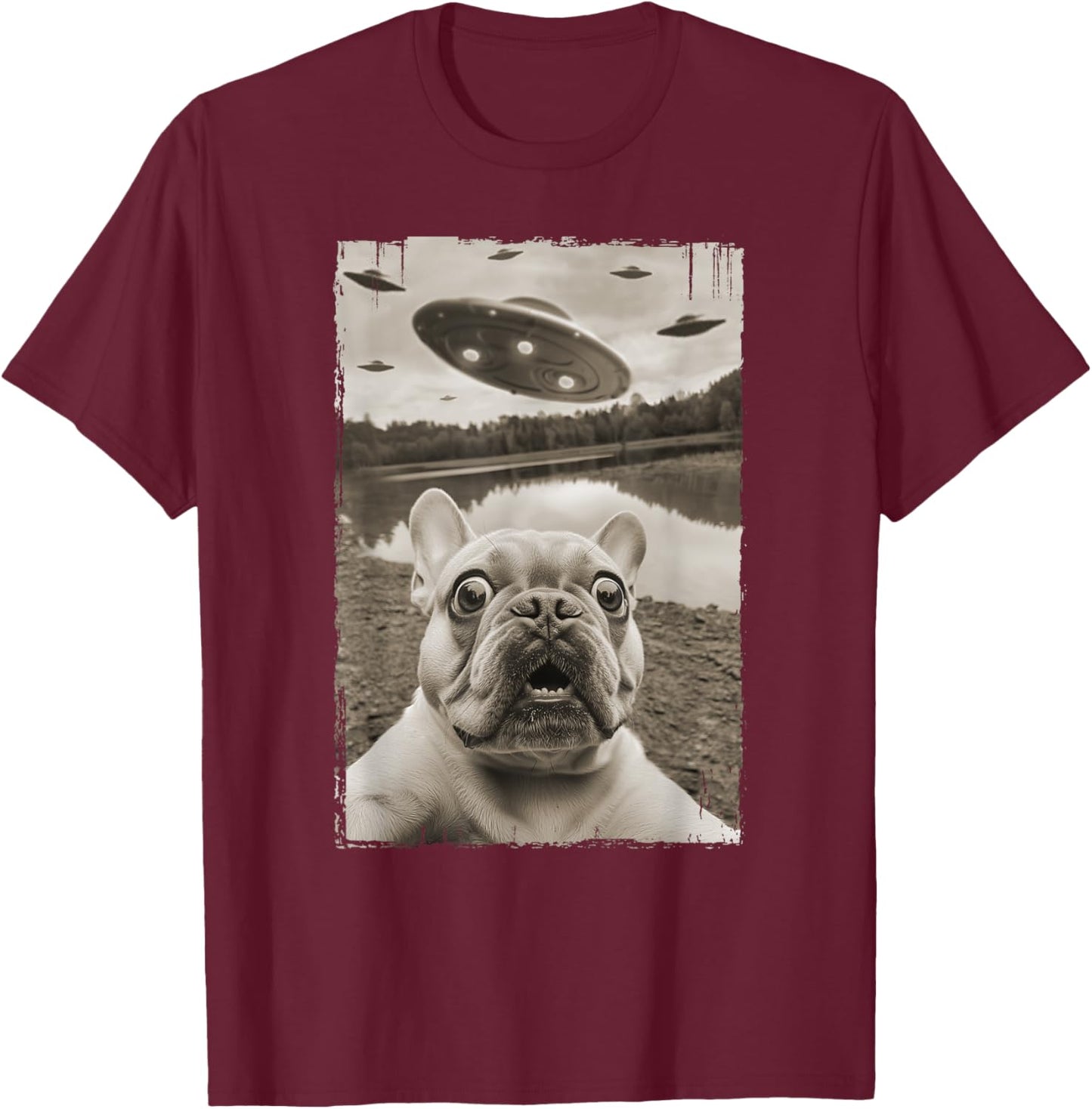 French Bulldog and UFO - Funny UFO and French Bulldog Selfie Women Kids T-Shirt - T-Shirt | Maroon
