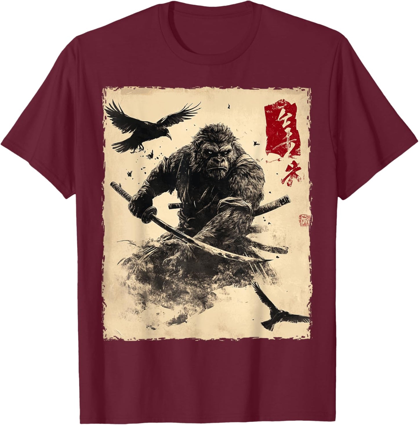 Bigfoot Sasquatch Samurai Graphic Japanese Warrior Anime T-Shirt - T-Shirt | Maroon