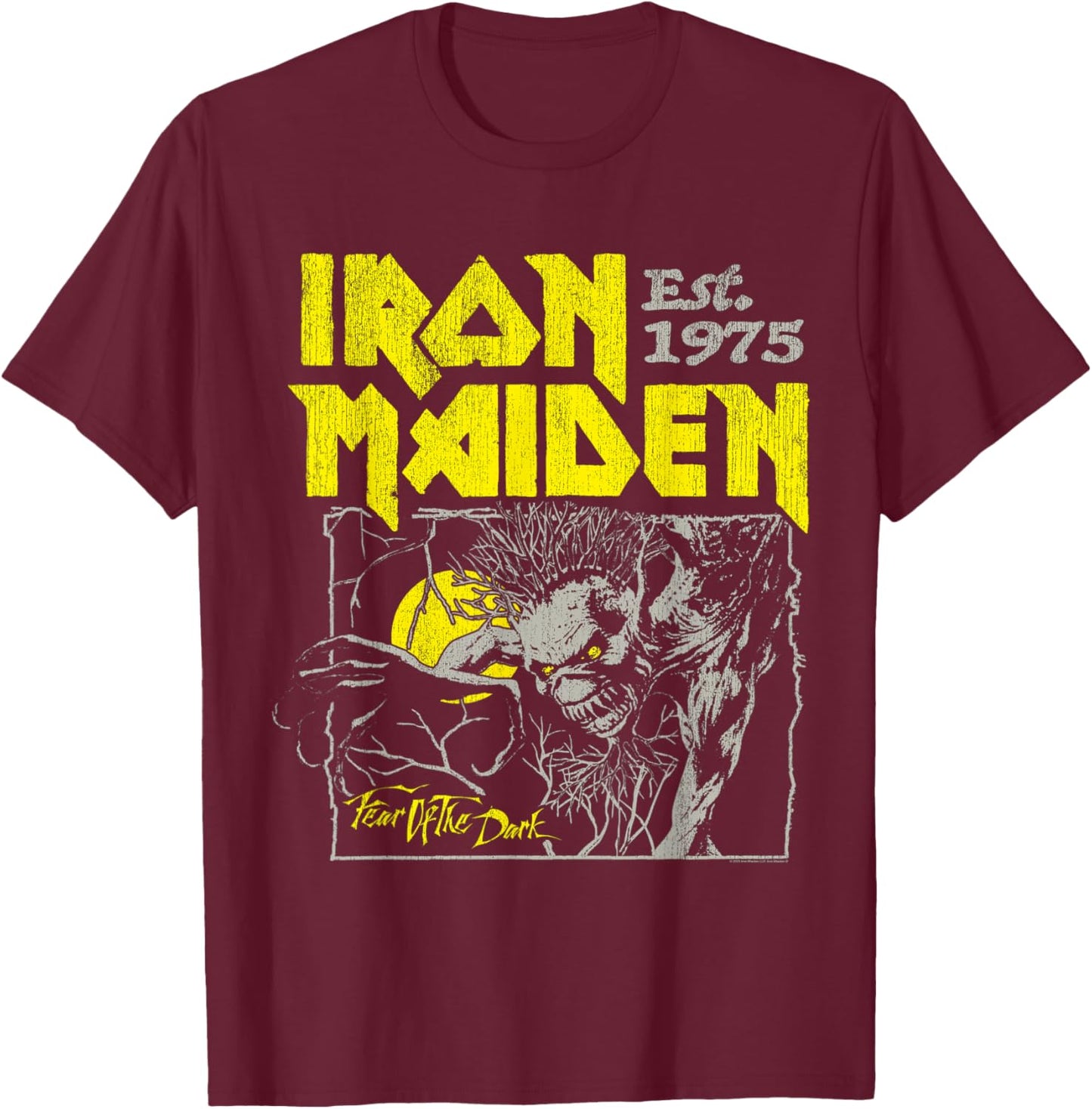Iron Maiden - Fear of The Dark Yellow Text T-Shirt - T-Shirt | Maroon