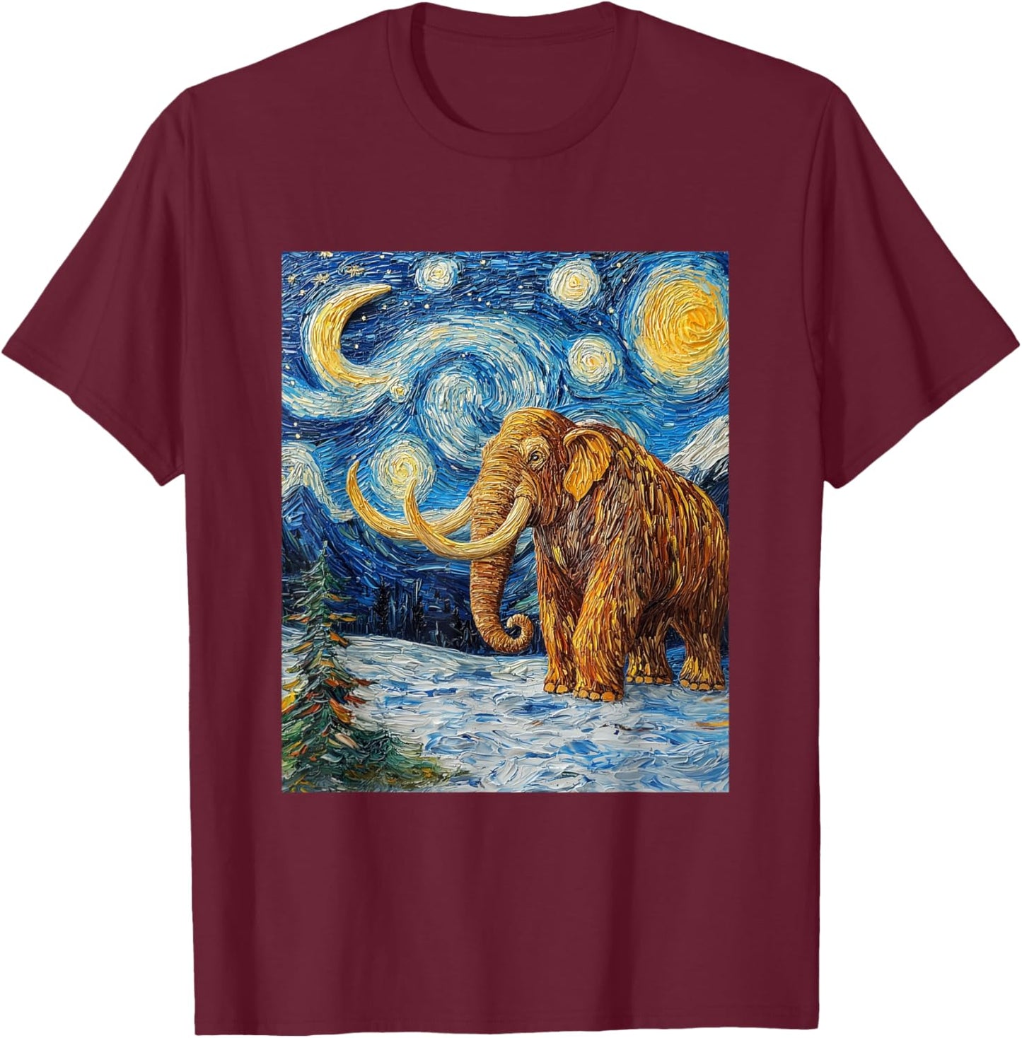 Woolly Mammoth Ice Age - Van Gogh Style - Starry Night T-Shirt - T-Shirt | Maroon