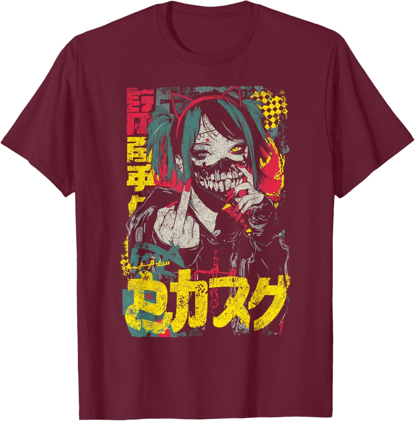 Japanische Streetwear Gothic Girl Emo Cyberpunk Y2K Anime T-Shirt - T-Shirt | Maroon