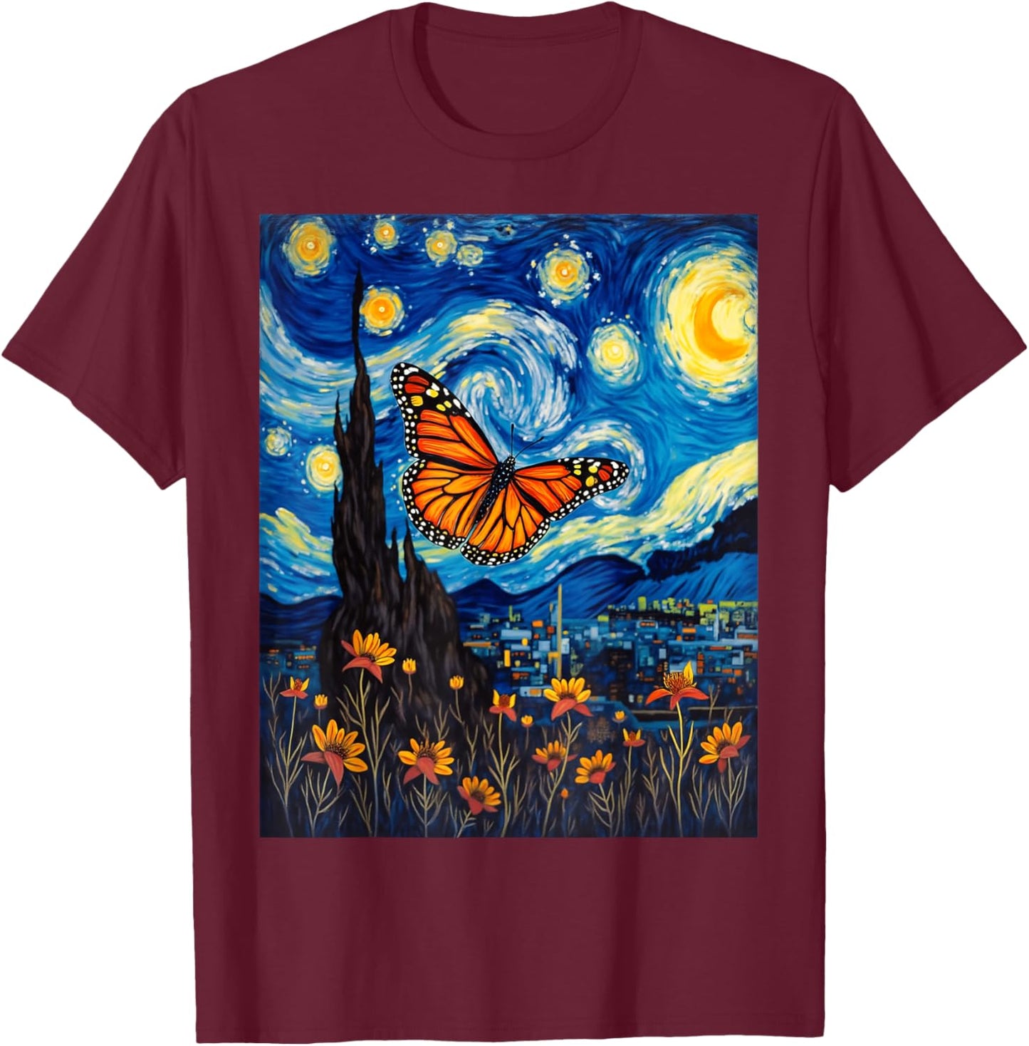 Van Gogh's Starry Night Monarch Butterfly Butterflies T-Shirt - T-Shirt | Maroon