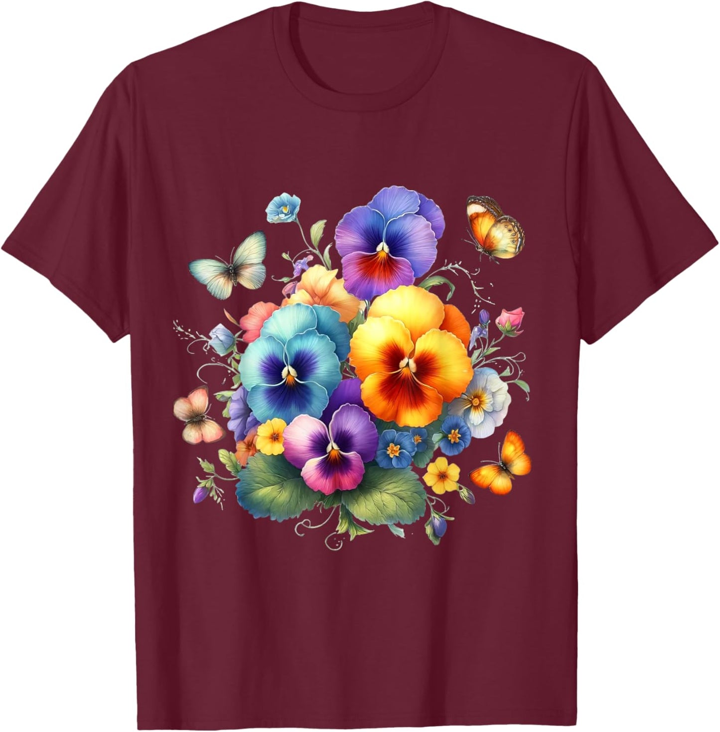 Multicolored Pansies and Delicate Butterflies Shapes Mania T-Shirt - T-Shirt | Maroon