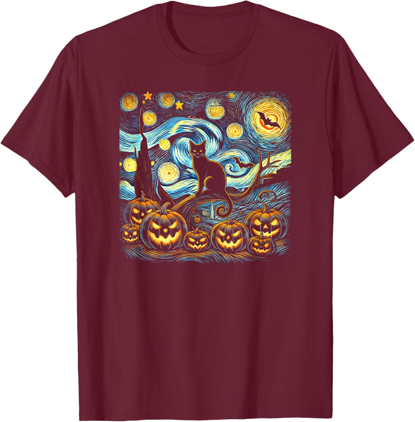 Halloween Van Gogh Starry Night Pumpkin Black Cat Costume T-Shirt - T-Shirt | Maroon