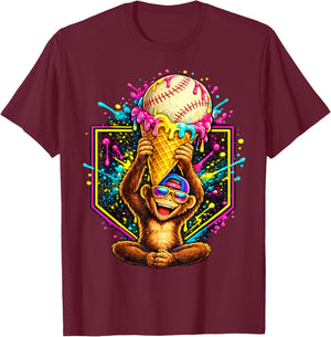 Monkey Funny Animals Baseball Ice Cream Drip Cool T-Shirt - T-Shirt | Maroon