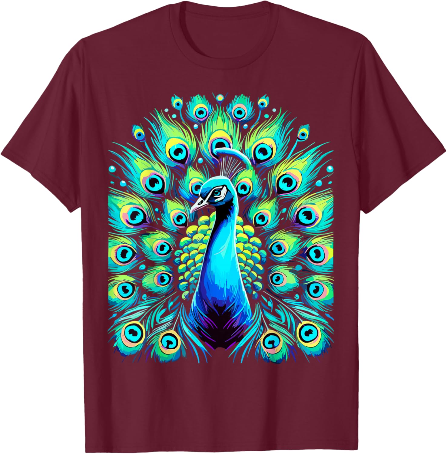 Colorful Peacock Beautiful Feathers Bird T-Shirt - T-Shirt | Maroon