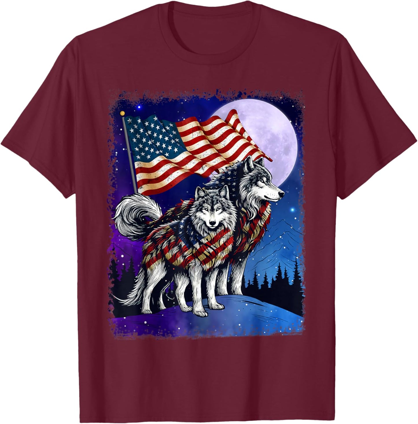 Wolf 4th of July American Flag Howling Wolves Under Moon Women Men T-Shirt - T-Shirt | Maroon